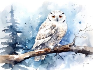 A snowy owl sits on a branch. Christmas watercolor illustration. Card background frame.