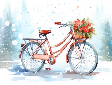 Snow-covered bicycle with flowers. Christmas watercolor illustration. Card background frame.