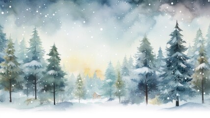 Fototapeta premium Christmas trees, forest. Christmas watercolor illustration. Card background frame.