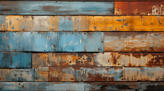 A close-up of corrugated metal with rust and patina. AI generative