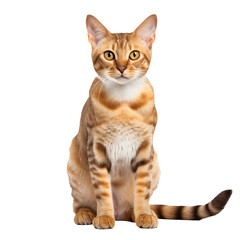 Burmese cat, sleek brown coat, alert golden eyes, poised stance, full-body visible, isolated on a transparent backdrop.