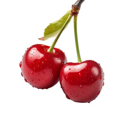Cherry, fully depicted with stem and leaves, showcased against a clear background, highlighting its ripe, red fruit appeal.