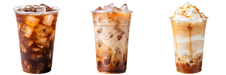 Iced coffee cups isolated on transparent background, side view, view from above, delicious iced latte coffee drink in glasses with ice cubes, cold beverage.