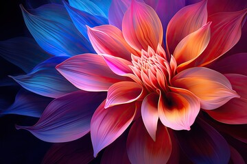 Colorful flower in neon colors on black background. Abstract multicolor floral backdrop with copy space. Magic fantasy flower	 - obrazy, fototapety, plakaty