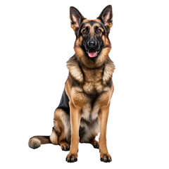 A full-bodied German Shepherd dog stands alert with perked ears, captured in a clear image on a transparent background, showcasing its muscular build and focused gaze.