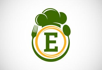 Initial alphabet E with chef hat, spoon and fork. Modern vector logo for cafe, restaurant, cooking business, and company identity