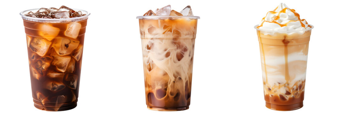 Iced coffee cups isolated on transparent background, side view, view from above, delicious iced latte coffee drink in glasses with ice cubes, cold beverage.