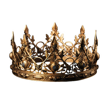 Elegant gold fantasy crown with intricate decorations and stunning details, displayed on a transparent background for a regal and beautiful presentation.