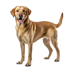 A Labrador Retriever stands in full profile, showcasing its sturdy build and friendly demeanor, set against a clear, transparent background.