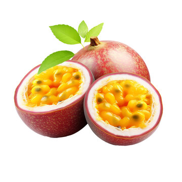 Passion fruit with full detailing isolated on a transparent background, showcasing its vibrant color and texture.