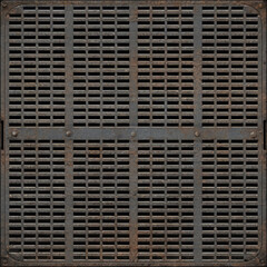 Seamless steel floor plate background texture. Tileable industrial rusted scratched metal grate or grille bulkhead panel pattern. 4k high resolution silver grey rough metallic iron 3D rendering.