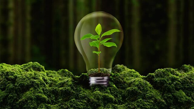 Eco lightbulb with nature energy. The concept of sustainable resources. forest conservation, Low carbon concept. Plant growing in the bulb concept. Environmental protection, energy sources