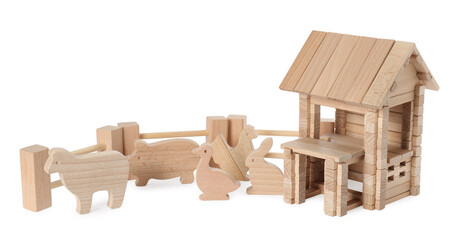 Wooden building and animals isolated on white. Children's toy