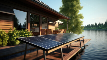 Solar panels on a lakeside cottage