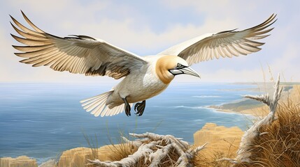 Flying Northern gannet Morus bassanus with nesting