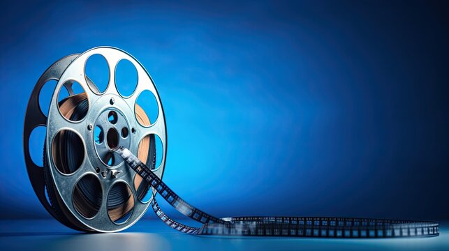 Film Reel with Cinema Tape near Clapboard on blue back