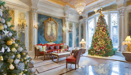 Interior of a hotel lobby with decorated Christmas tree