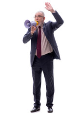 Old businessman holding megaphone isolated on white