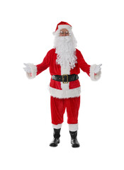Man in Santa Claus costume posing on white background