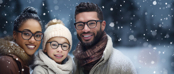 Winter Themed family wearing glasses with room for copy space created with Generative AI technology