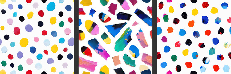 Set of seamless patterns with colorful shapes and circles of oil paint on white canvas. Hand drawn abstract background with smudges and blobs for printing, design, poster, wallpaper, card, interior