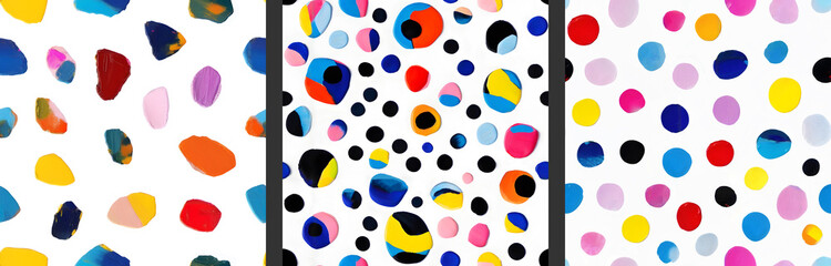 Set of seamless patterns with colorful circles and dots of oil paint on white canvas. Hand drawn...