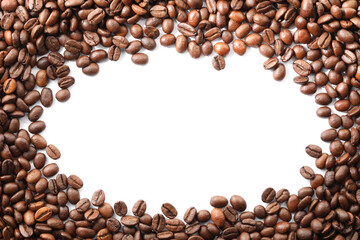 Frame of roasted coffee beans on white background, top view
