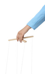 Woman pulling strings of puppet on white background, closeup