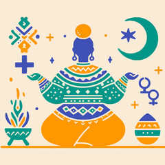 Calm Within the Storm:: Woman Finding Healing Through Meditation, healing, self-care editable Vector	
