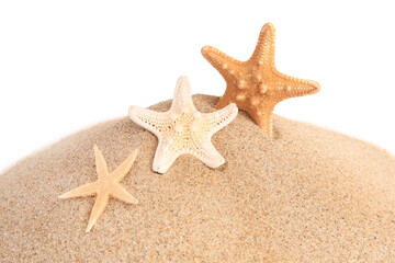 Fototapeta na wymiar Sand with many beautiful sea stars isolated on white