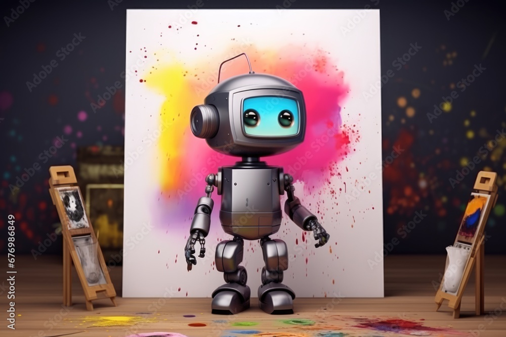 Poster concept of generative ai art technology, robot painting picture in studio. comeliness