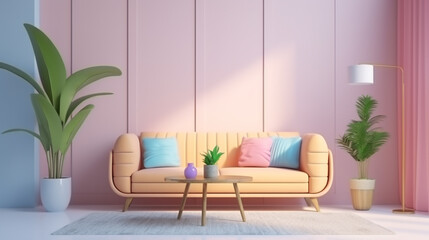 Modern Mid Century Living Room,Living coral decor concept Interior In Pastel Color. generative ai