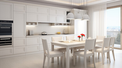 Modern new light interior of kitchen with white furniture and dining table. generative ai