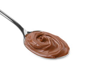 Spoon with delicious chocolate paste isolated on white