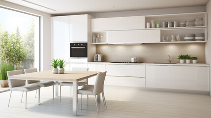 Modern new light interior of kitchen with white furniture and dining table. generative ai