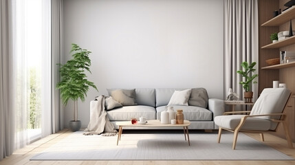 Modern scandinavian living room interior Living Room, Curtain, Indoors, Home Interior. generative ai