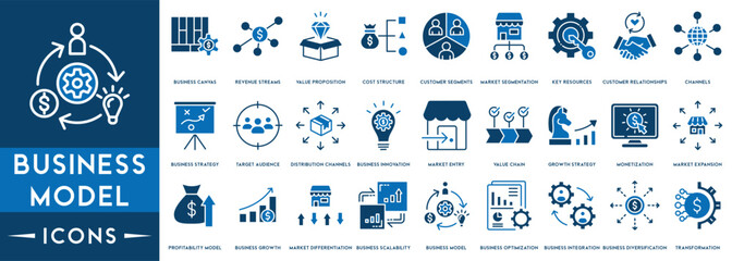 Business Model concept icons vector with of quality, performance, crm, canvas, transaction vector thin icons for report, presentation, diagram, web design