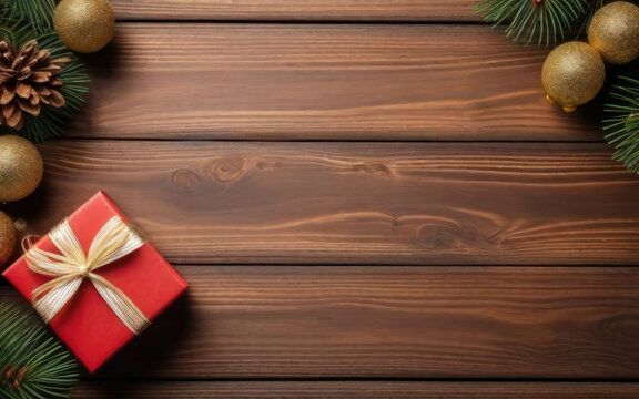 Gift boxes and christmas decoration on wood background. Top view with copy space.