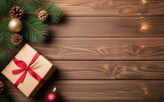 Gift boxes and christmas decoration on wood background. Top view with copy space.
