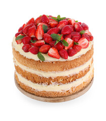 Tasty cake with fresh strawberries and mint isolated on white