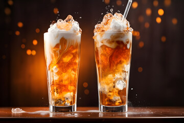 Tall glasses filled with Thai tea soda floats, featuring a scoop of creamy vanilla ice cream and a splash of sparkling soda water, realistic photo, stockphoto. Ai Generated.NO.02