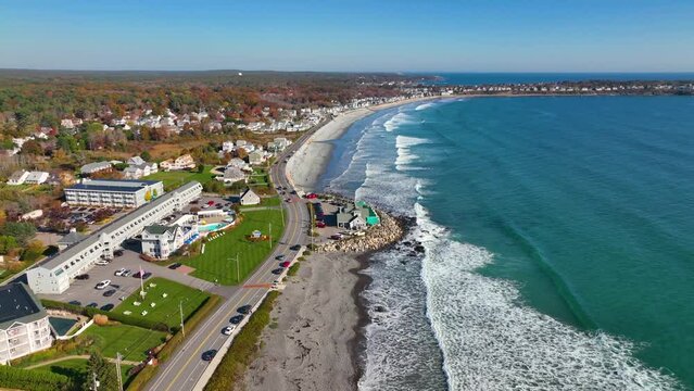 Long Sands Beach aerial view in fall in village of York Beach in town of York, Maine ME, USA. 