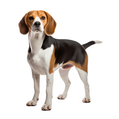 Beagle dog stands in full body profile with tri-color coat, floppy ears and eager expression, isolated on a transparent background.