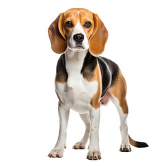 A beagle dog stands in full profile with its tri-colored coat, floppy ears, and wagging tail, all on a transparent background for easy overlay.