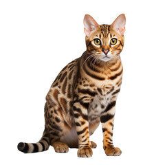 A sleek Bengal cat, with distinctive spotted fur, stands poised, its full silhouette clear against a transparent backdrop.