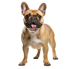French Bulldog, full body visible, stands alert on a transparent backdrop, showcasing its stocky build and bat-like ears.