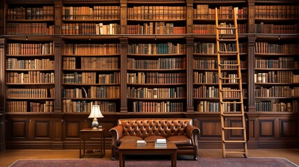 A library with a wall of encyclopedias and reference books.