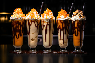 Tall milkshake glasses filled with creamy Thai tea milkshakes, topped with a generous scoop of vanilla ice cream and a drizzle of chocolate syrup, realistic photo. Ai Generated.NO.01 - obrazy, fototapety, plakaty