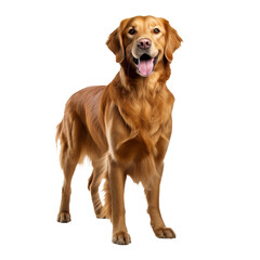 Golden retriever stands in full view, its fluffy coat shimmering, poised against a clear transparent backdrop.
