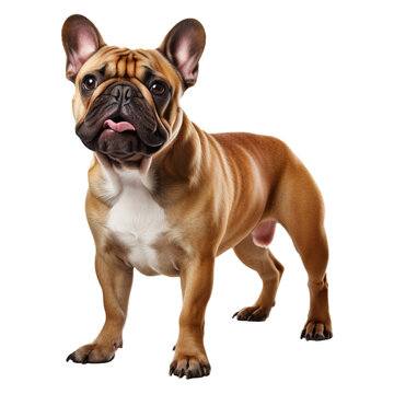 French bulldog fully displayed, standing erect with a smooth coat, ears perked, showcasing its stout body, on a clear background.